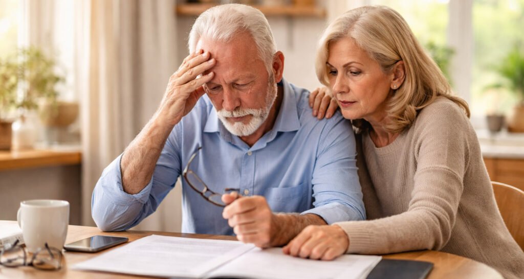 Pareja de adultos mayores revisando documentos con expresión de preocupación por problemas de memoria